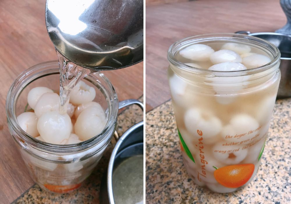 Cho vải vào hũ đổ nước đường và đậy nắp kín